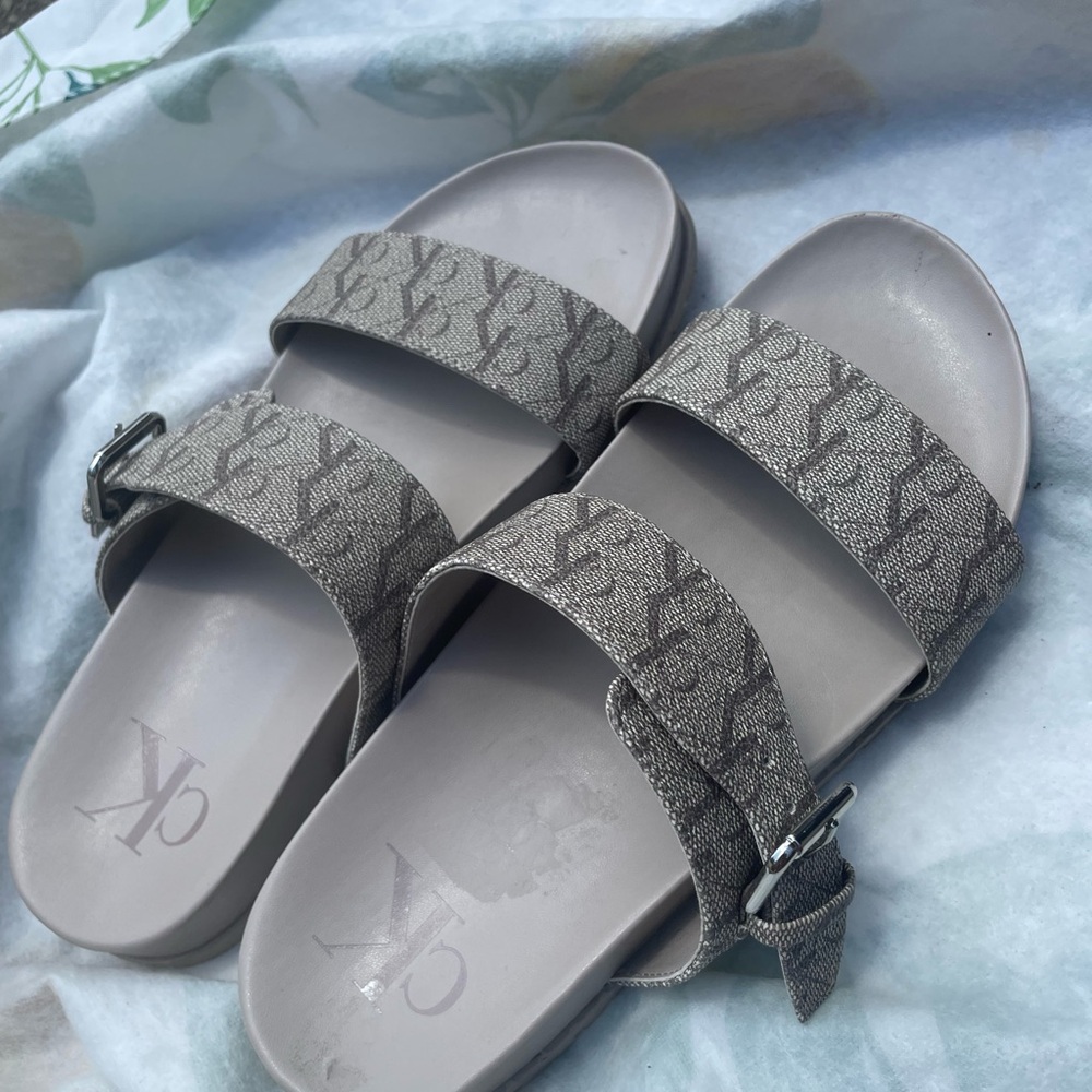 Calvin Klein Gray Slide Sandals with Monogram Pattern